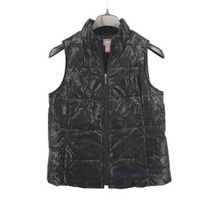 Chico's Puffer Vest Womens 1/Med Pre-Owned Vest Black‎ Metallic Rose Quilted Zip